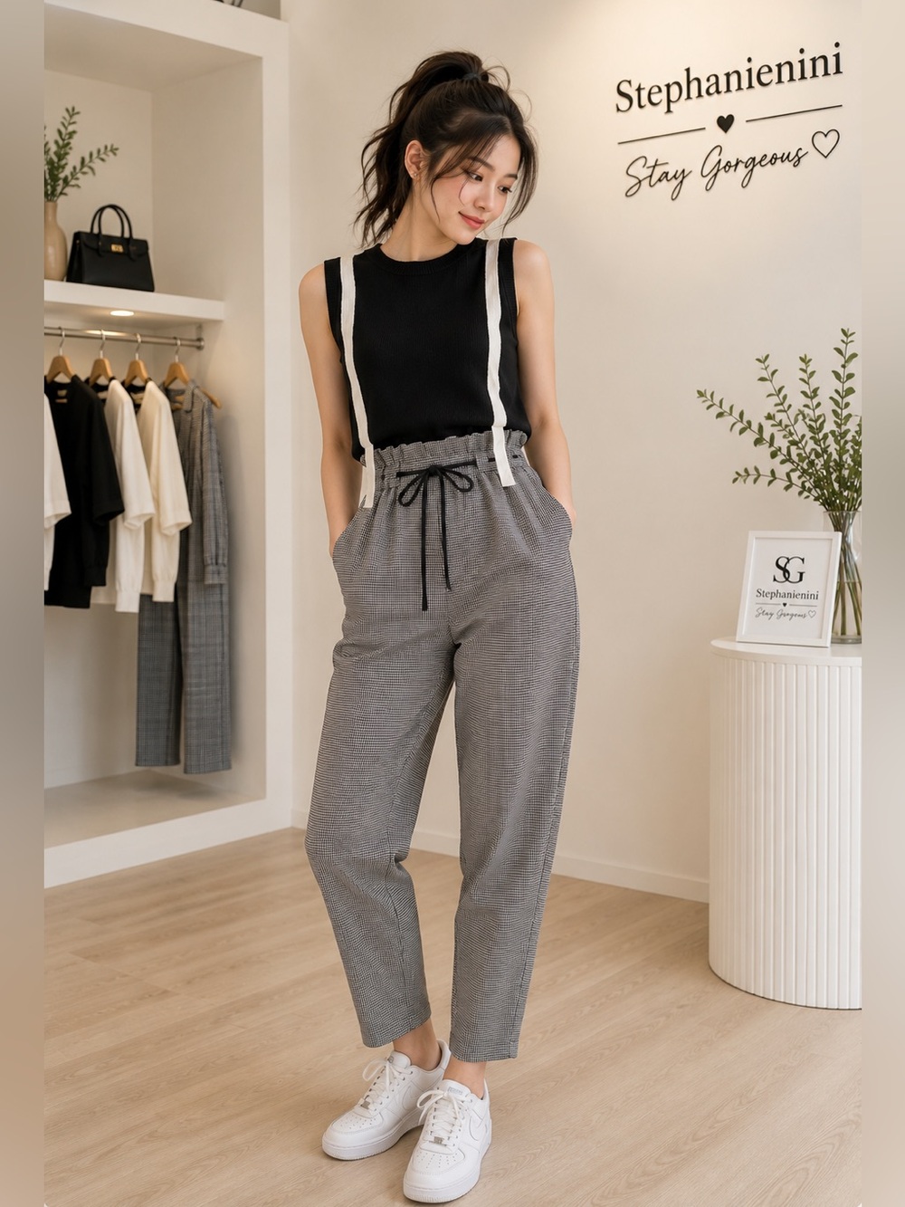 Black Sleeveless Knit Top & Houndstooth Paperbag Wide Leg Pants Set